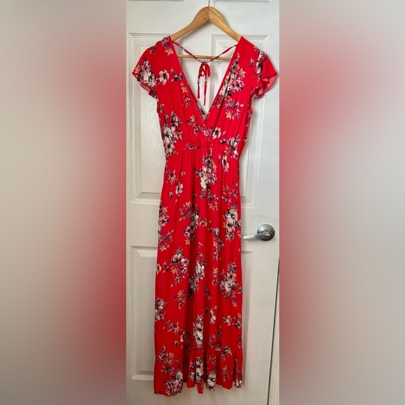 Floral Red Wrap Maxi Dress Band of Gypsies Size M Pockets V-neck Flowy - Picture 2 of 10